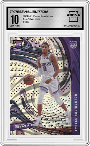 Tyrese Haliburton from the 2020-21 Panini Revolution set featuring a Asia Silver Holo parallel graded by Arena Club and given an overall grade of 10.