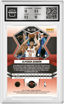 Alperen Sengun from the 2021-22 Panini Mosaic  set featuring a Choice Red & Green parallel graded by Arena Club and given an overall grade of 10.