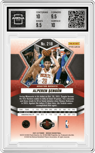 Alperen Sengun from the 2021-22 Panini Mosaic  set featuring a Choice Red & Green parallel graded by Arena Club and given an overall grade of 10.