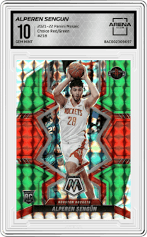 Alperen Sengun from the 2021-22 Panini Mosaic  set featuring a Choice Red & Green parallel graded by Arena Club and given an overall grade of 10.