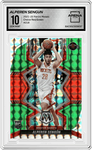 Alperen Sengun from the 2021-22 Panini Mosaic  set featuring a Choice Red & Green parallel graded by Arena Club and given an overall grade of 10.