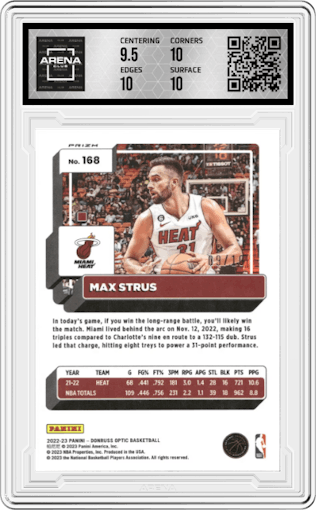 Max Strus from the 2022-23 Panini Donruss Optic  set featuring a Gold Wave parallel graded by Arena Club and given an overall grade of 10.