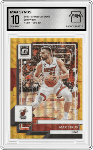 Max Strus from the 2022-23 Panini Donruss Optic  set featuring a Gold Wave parallel graded by Arena Club and given an overall grade of 10.