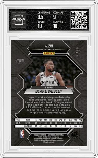 Blake Wesley from the 2022-23 Panini Mosaic set featuring a Gold Wave parallel graded by Arena Club and given an overall grade of 9.5.