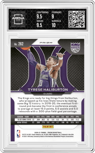 Tyrese Haliburton from the 2020-21 Panini Prizm set featuring a Purple Wave parallel graded by Arena Club and given an overall grade of 9.5.