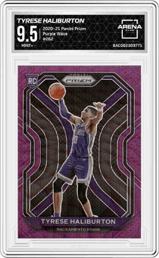 Tyrese Haliburton from the 2020-21 Panini Prizm set featuring a Purple Wave parallel graded by Arena Club and given an overall grade of 9.5.