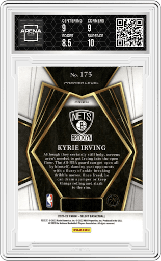 Kyrie Irving from the 2021-22 Panini Select set featuring a Gold Wave parallel graded by Arena Club and given an overall grade of 9.