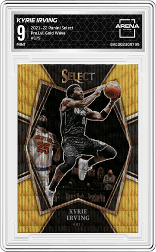 Kyrie Irving from the 2021-22 Panini Select set featuring a Gold Wave parallel graded by Arena Club and given an overall grade of 9.