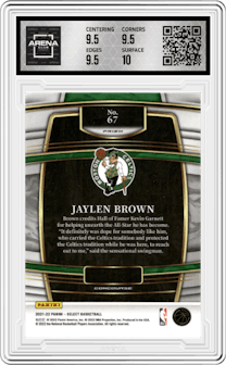 Jaylen Brown from the 2021-22 Panini Select set featuring a Gold Wave parallel graded by Arena Club and given an overall grade of 10.