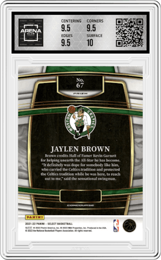 Jaylen Brown from the 2021-22 Panini Select set featuring a Gold Wave parallel graded by Arena Club and given an overall grade of 10.