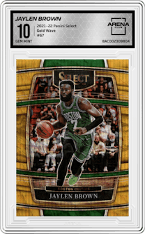 Jaylen Brown from the 2021-22 Panini Select set featuring a Gold Wave parallel graded by Arena Club and given an overall grade of 10.