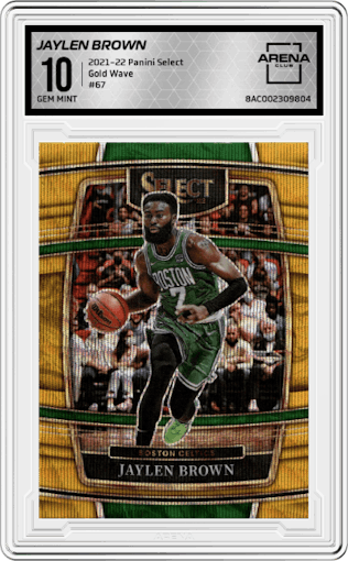 Jaylen Brown from the 2021-22 Panini Select set featuring a Gold Wave parallel graded by Arena Club and given an overall grade of 10.