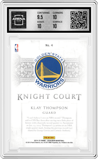 Klay Thompson from the 2014-15 Panini Excalibur set featuring a Silver  parallel graded by Arena Club and given an overall grade of 10.