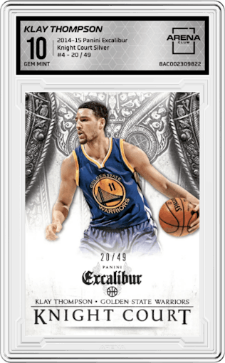 Klay Thompson from the 2014-15 Panini Excalibur set featuring a Silver  parallel graded by Arena Club and given an overall grade of 10.