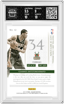 Giannis Antetokounmpo from the 2014-15 Panini Excalibur set featuring a Silver parallel graded by Arena Club and given an overall grade of 9.5.