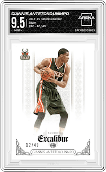 Giannis Antetokounmpo from the 2014-15 Panini Excalibur set featuring a Silver parallel graded by Arena Club and given an overall grade of 9.5.