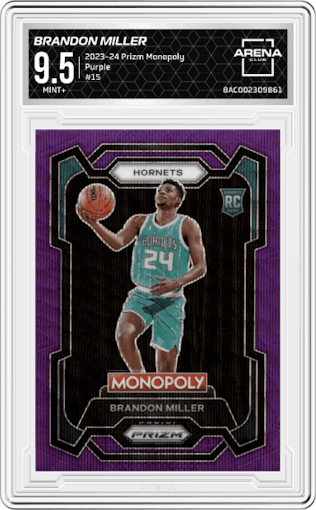 Brandon Miller from the 2023-24 Panini Prizm Monopoly set featuring a Purple  parallel graded by Arena Club and given an overall grade of 9.5.