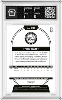 Tyrese Maxey from the 2020-21 Panini NBA Hoops set featuring a Teal Explosion parallel graded by Arena Club and given an overall grade of 9.5.
