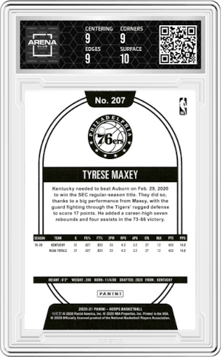 Tyrese Maxey from the 2020-21 Panini NBA Hoops set featuring a Teal Explosion parallel graded by Arena Club and given an overall grade of 9.5.