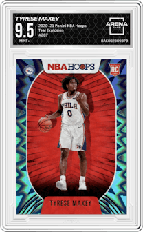 Tyrese Maxey from the 2020-21 Panini NBA Hoops set featuring a Teal Explosion parallel graded by Arena Club and given an overall grade of 9.5.
