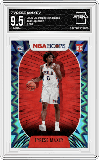 Tyrese Maxey from the 2020-21 Panini NBA Hoops set featuring a Teal Explosion parallel graded by Arena Club and given an overall grade of 9.5.