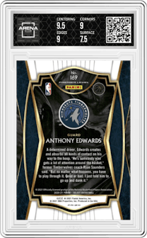 Anthony Edwards from the 2020-21 Panini Select  set featuring a Red/White/Orange Shimmer parallel graded by Arena Club and given an overall grade of 8.