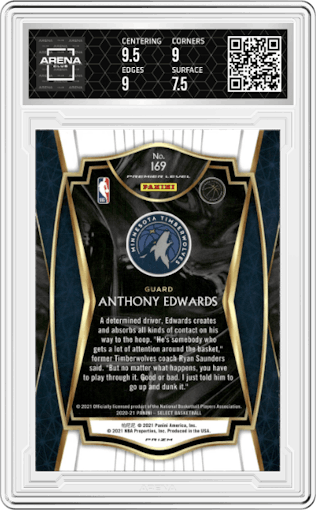 Anthony Edwards from the 2020-21 Panini Select  set featuring a Red/White/Orange Shimmer parallel graded by Arena Club and given an overall grade of 8.