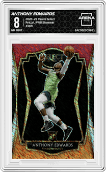 Anthony Edwards from the 2020-21 Panini Select  set featuring a Red/White/Orange Shimmer parallel graded by Arena Club and given an overall grade of 8.