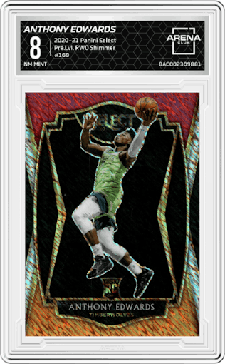 Anthony Edwards from the 2020-21 Panini Select  set featuring a Red/White/Orange Shimmer parallel graded by Arena Club and given an overall grade of 8.