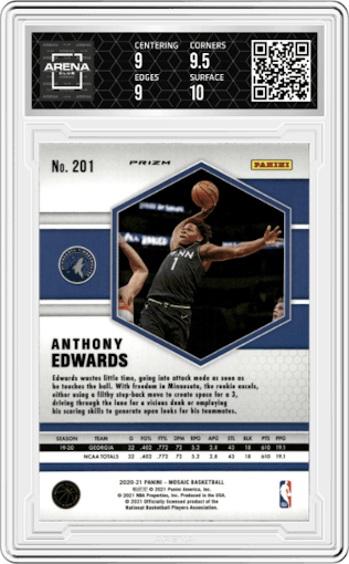 Anthony Edwards from the 2020-21 Panini Mosaic set featuring a Reactive Blue parallel graded by Arena Club and given an overall grade of 9.5.