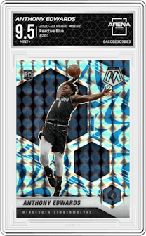 Anthony Edwards from the 2020-21 Panini Mosaic set featuring a Reactive Blue parallel graded by Arena Club and given an overall grade of 9.5.