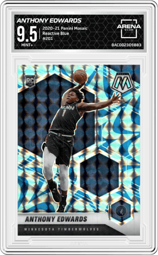 Anthony Edwards from the 2020-21 Panini Mosaic set featuring a Reactive Blue parallel graded by Arena Club and given an overall grade of 9.5.