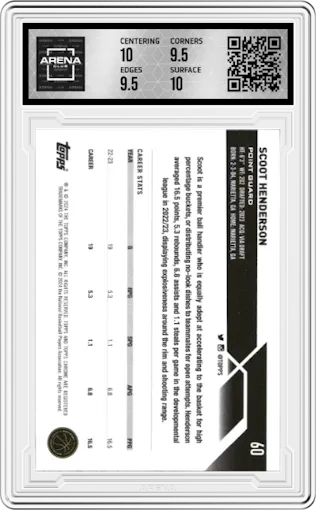 Scoot Henderson from the 2023-24 Topps Chrome set featuring a Purple Refractor parallel graded by Arena Club and given an overall grade of 10.