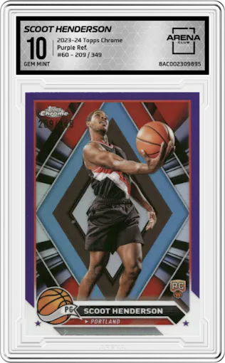 Scoot Henderson from the 2023-24 Topps Chrome set featuring a Purple Refractor parallel graded by Arena Club and given an overall grade of 10.