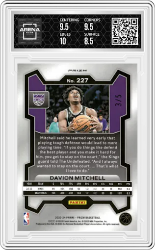 Davion Mitchell from the 2023-24 Panini Prizm set featuring a Fast Break Neon Green parallel graded by Arena Club and given an overall grade of 9.
