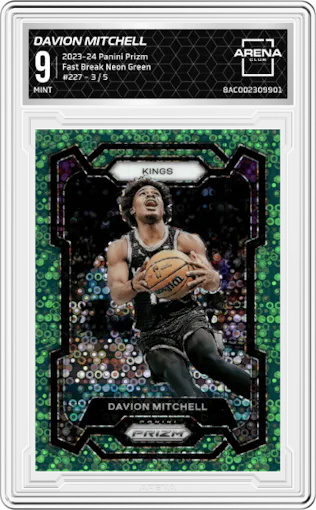 Davion Mitchell from the 2023-24 Panini Prizm set featuring a Fast Break Neon Green parallel graded by Arena Club and given an overall grade of 9.