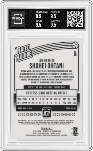 Shohei Ohtani from the 2018 Panini Donruss Optic set graded by Arena Club and given an overall grade of 9.5.