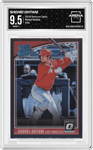 Shohei Ohtani from the 2018 Panini Donruss Optic set graded by Arena Club and given an overall grade of 9.5.