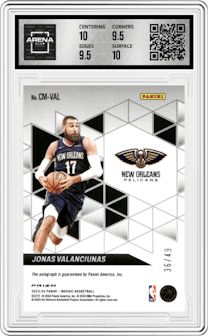 Jonas Valanciunas from the 2023-24 Panini Mosaic set featuring a Blue parallel graded by Arena Club and given an overall grade of 10.