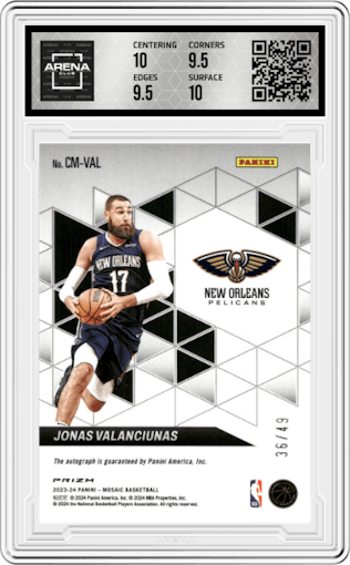 Jonas Valanciunas from the 2023-24 Panini Mosaic set featuring a Blue parallel graded by Arena Club and given an overall grade of 10.