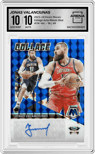 Jonas Valanciunas from the 2023-24 Panini Mosaic set featuring a Blue parallel graded by Arena Club and given an overall grade of 10.