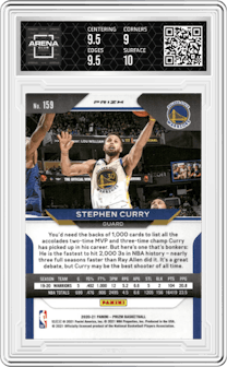 Stephen Curry from the 2020-21 Panini Prizm set featuring a Red Ice parallel graded by Arena Club and given an overall grade of 9.5.