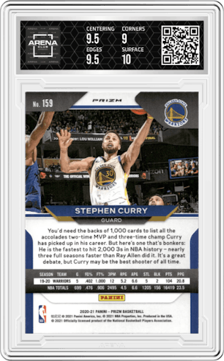 Stephen Curry from the 2020-21 Panini Prizm set featuring a Red Ice parallel graded by Arena Club and given an overall grade of 9.5.
