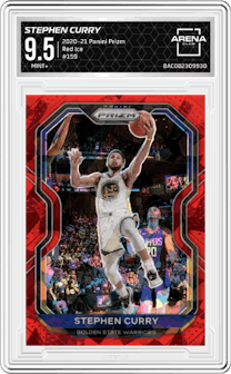 Stephen Curry from the 2020-21 Panini Prizm set featuring a Red Ice parallel graded by Arena Club and given an overall grade of 9.5.