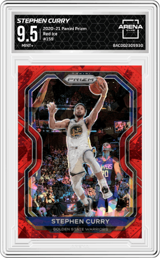 Stephen Curry from the 2020-21 Panini Prizm set featuring a Red Ice parallel graded by Arena Club and given an overall grade of 9.5.
