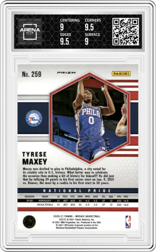 Tyrese Maxey from the 2020-21 Panini Mosaic set featuring a Green Mosaic parallel graded by Arena Club and given an overall grade of 9.5.
