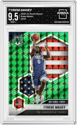 Tyrese Maxey from the 2020-21 Panini Mosaic set featuring a Green Mosaic parallel graded by Arena Club and given an overall grade of 9.5.