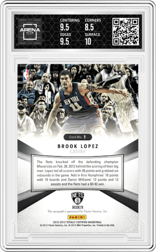 Brook Lopez from the 2012-13 Panini Totally Certified set featuring a Blue parallel graded by Arena Club and given an overall grade of 9.
