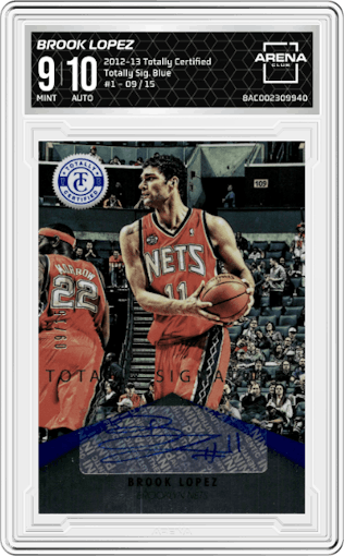 Brook Lopez from the 2012-13 Panini Totally Certified set featuring a Blue parallel graded by Arena Club and given an overall grade of 9.