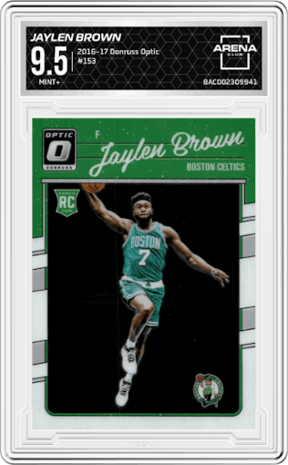 Jaylen Brown from the 2016-17 Panini Donruss Optic set graded by Arena Club and given an overall grade of 9.5.
